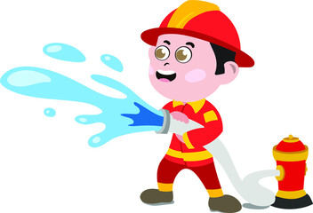 A Cute and Adorable Child Character in Cartoon Style. Kindergarten Preschool Kid Dressed as Professional Firefighter. Small Kid with firehose throwing water. Dream job. Big Dreams. Life Goals.