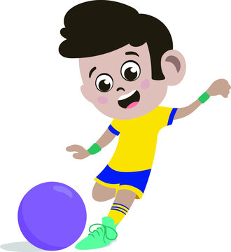 A Cute and Adorable Child Character in Cartoon Style. Kindergarten Preschool Kid Dressed as Professional Soccer Player. Small Kid playing with football. Dream job. Big Dreams. Life Goals.