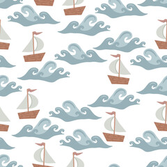 Seamless background with a boat on the waves. Childrens vector illustration in cartoon style. For clothes, covers, wallpapers, backgrounds
