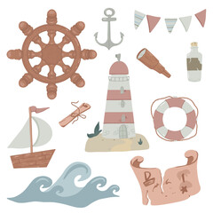 A set of elements on the marine theme. Vector illustration in children's cartoon style. Suitable for stickers, kids decor.