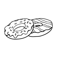 Two donuts with frosting on a white background.Vector confectionery can be used in menus,coloring pages,postcards,packaging, and textiles.Doodle illustration.