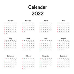 Calendar for 2022. The week starts on Sunday. All months. Calendar template design. Vector.
