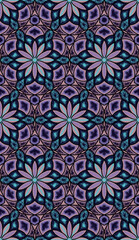 Seamless background with abstract patterns, stylized flower of different colors, red and blue.