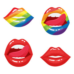 Open mouth. Sexy plump female lips. Tongue stuck out coquettishly. Lip makeup with pride month colors. Decorative element is isolated on a white background. LGBT Pride Month. Vector illustration.
