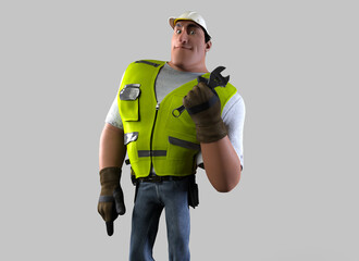 Funny cartoon character of construction worker - 3d rendering