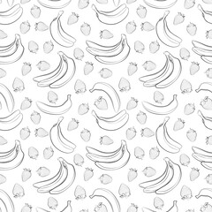 Seamless background with bananas and strawberries. Black and white, linear.
