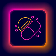 Glowing neon line Medicine pill or tablet icon isolated on black background. Capsule pill and drug sign. Pharmacy design. Colorful outline concept. Vector