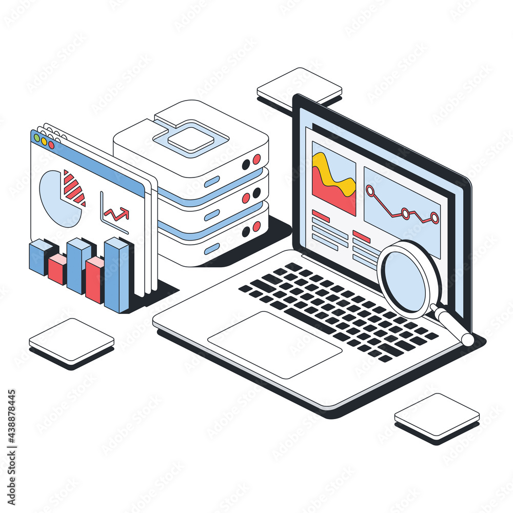 Poster big data analytics, graphs and charts, server storage. vector 3d line isometric, color web icons, ne