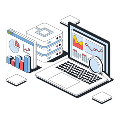 Big data analytics, graphs and charts, server storage. Vector 3d line isometric, color web icons, new flat style. Creative design idea for infographics.