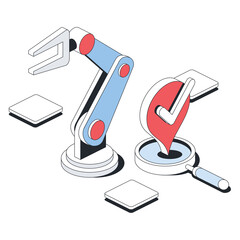 Industrial robot hand searching magnifier, map label, check mark. Vector 3d line isometric, color web icons, new flat style. Creative design idea for infographics.