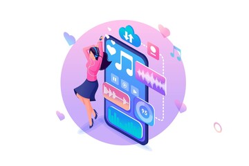 Isometry Web Design Template. Girl Dances Near a Smartphone With Her Favorite Music. Favorite Track. Vector Illustration