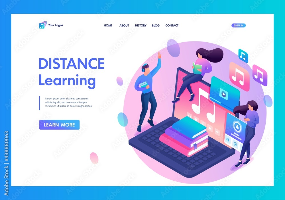 Poster landing page isometry. online learning class, students go online from different devices. vector illu