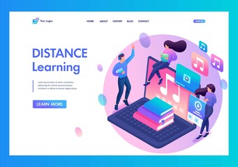 Landing Page Isometry. Online Learning Class, Students Go Online From Different Devices. Vector Illustration
