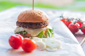 Small depth of field. Soft focus. Burger made it at home. Next to it are red tomatoes on a branch. Close-up.