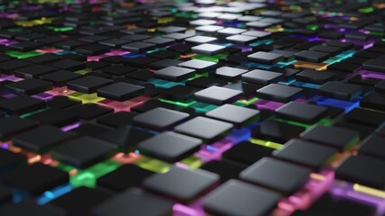 Digital 3D Abstract Keyboard rendered in 6K 16:9 (HD).
Bright Rainbow Color Scheme Glowing Panels