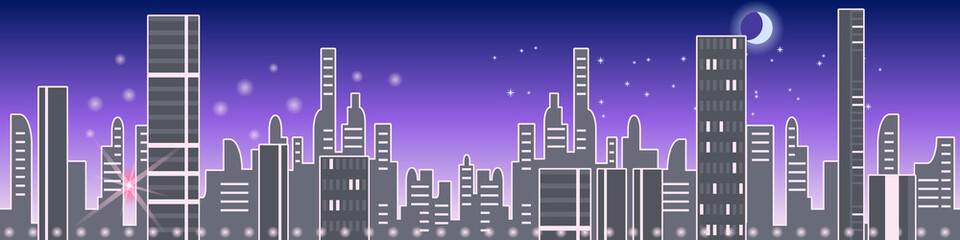 panorama of a big city, high-rise buildings, the rising sun and the moon high in the sky
