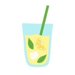 A glass of lemonade with lemon and mint in a hand-drawn style. Simple vector illustration for bar advertising or for a summer poster