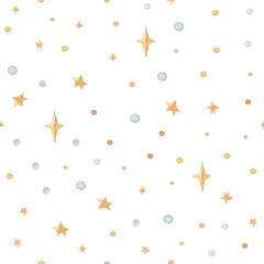 Seamless pattern with watercolor gold abstract stars elements. White background. Baby boy girl background and fabric graphic.