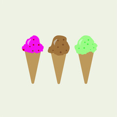 Ice cream in a waffle cone. Three ice creams with different colors of cream.Vector illustration.