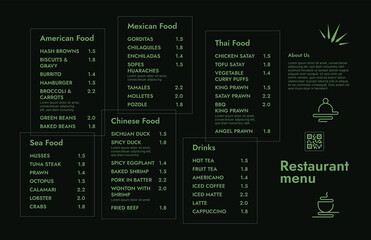 Restaurant cafe menu, template design.
One page food menu template.