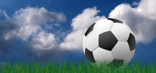 Football on green soccer grass field. Vector background banner. Sport finale or school, wk, ek sports game cup. Summer, spring time, Street ball games. 2021