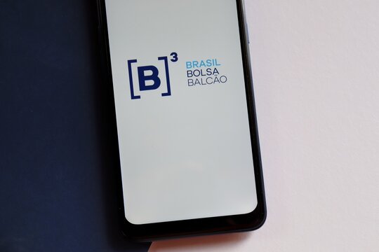 Bahia, Brazil - October 22, 2020: B3 Brasil, Bolsa, Balc&atilde;o logo on smartphone screen. Stock Market in Brazil. BM&FBOVESPA company.