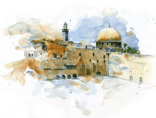 Naklejka premium Watercolor drawing colorful sketch Jerusalem