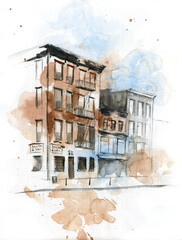 Watercolor drawing colorful sketch of buildings - obrazy, fototapety, plakaty