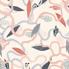 Abstract floral seamless pattern. Leaves artistic drawn background. Flourish ornamental flowign lines backdrop.