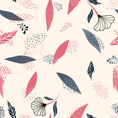 Abstract floral seamless pattern. Leaves artistic drawn background. Flourish ornamental flowign lines backdrop.