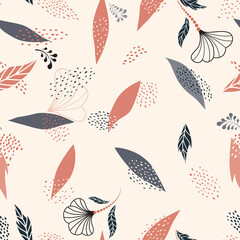 Abstract floral seamless pattern. Leaves artistic drawn background. Flourish ornamental garden backdrop.