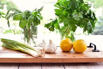 Fresh green herbs for preparing and cooking healthy Mediterranean or Italian diet. Food background,...