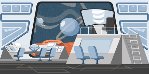 Launch control center vector flat illustration. Space exploring and colonization mission concept. Scientific and discovery center. Planet surface, space with Saturn, planets, stars, and satellites.
