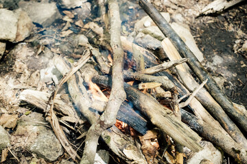 Burning branches with smoke in the forest camp. Flames and smoke. close-up Bonfire. Picnic.