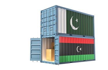 Two freight container with Pakistan and Libya national flags. Isolated on white - 3D Rendering