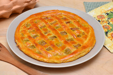 freshly baked rhubarb pie on a plate