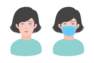 Vector face of a girl in a medical mask and without a mask isolated on a white background. Simple vector illustration, icon, short hair girl. Prevention of the COVID-19 virus.