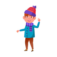 small boy in winter seasonal clothes walking in garden cartoon vector. small boy in winter seasonal clothes walking in garden character. isolated flat cartoon illustration