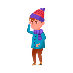 illness boy in warm clothing has headache cartoon vector. illness boy in warm clothing has headache character. isolated flat cartoon illustration