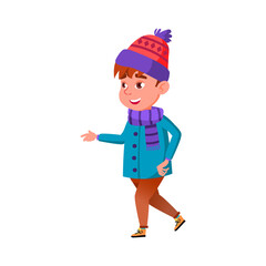 little boy in winter season coat, scarf and hat walking on urban street cartoon vector. little boy in winter season coat, scarf and hat walking on urban street character. isolated flat cartoon