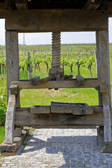 Teile einer alten Weinpresse in der Kellergasse Alter Geringen bei Ketzelsdorf, Weinviertel, Niederösterreich