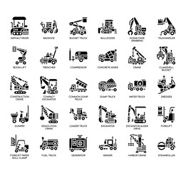 Set of construction vehicle thin line and pixel perfect icons for any web and app project.