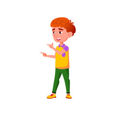 happy boy kid pointing at gadget in electronics store cartoon vector. happy boy kid pointing at gadget in electronics store character. isolated flat cartoon illustration