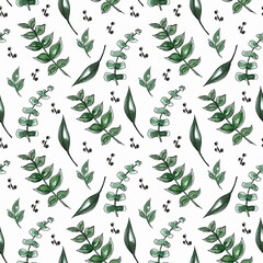 Green branch seamless pattern, watercolor hand drawing illustration, plant background