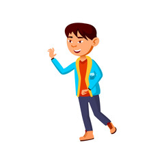 happy korean boy taking device from store shelf cartoon vector. happy korean boy taking device from store shelf character. isolated flat cartoon illustration