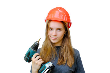 A cute girl in an orange hard hat holds a screwdriver in her hands. Funny facial expression, bewilderment. Isolated on white, horizontal photo. Portrait.