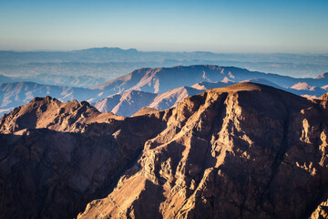 Panorama from Jabel Toubkal showing other highest mountain peaks of High Atlas mountains in Toubkal national park, Morocco, North Africa