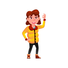 smiling girl teen wearing autumn season clothing gesturing ok to friend cartoon vector. smiling girl teen wearing autumn season clothing gesturing ok to friend character. isolated flat cartoon