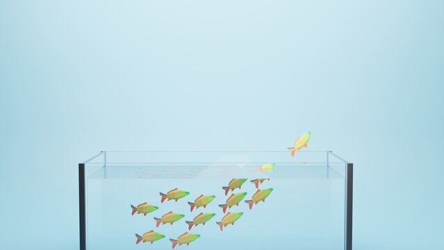 Stand out unique leadership concept with low poly fish jumping out of fishtank, inspirational poster banner with space for text