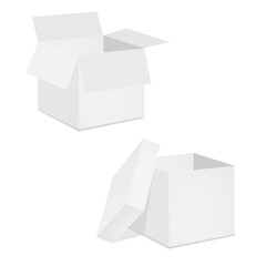 Cardboard square open gift boxes isolated on white background. In two projections. Vector illustration. Templates for design.